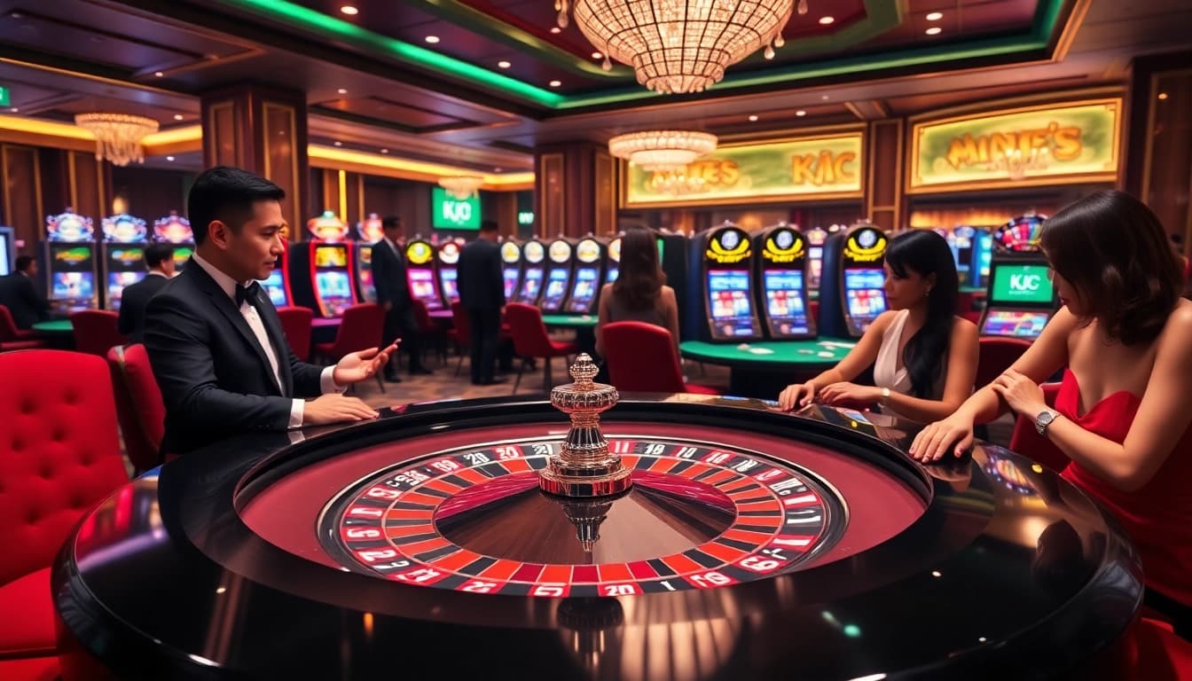 KJC casino players enjoying a dynamic roulette game, surrounded by vibrant slot machines.