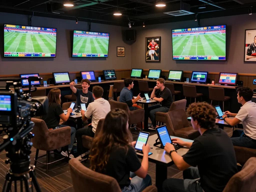 Cakhiatv users engaging in live sports betting on mobile devices in a lively lounge setting.