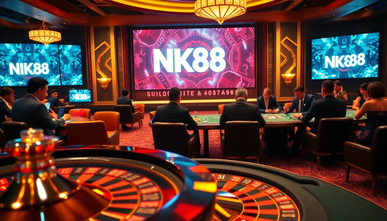 NK88 showcases an exciting casino scene with roulette wheels and poker chips, highlighting competitive gaming.