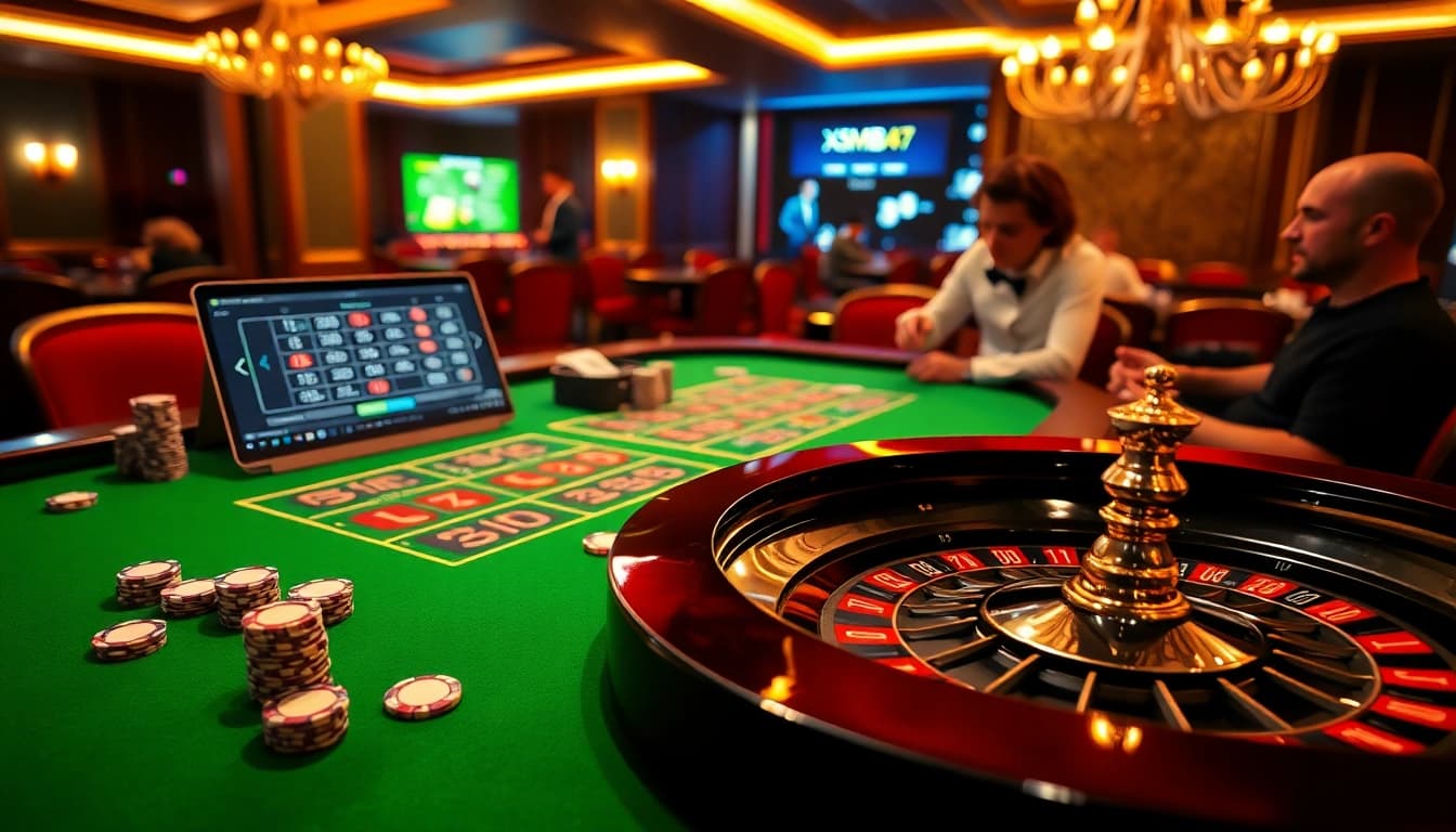XSMB247 players strategizing their bets at a luxurious casino table.