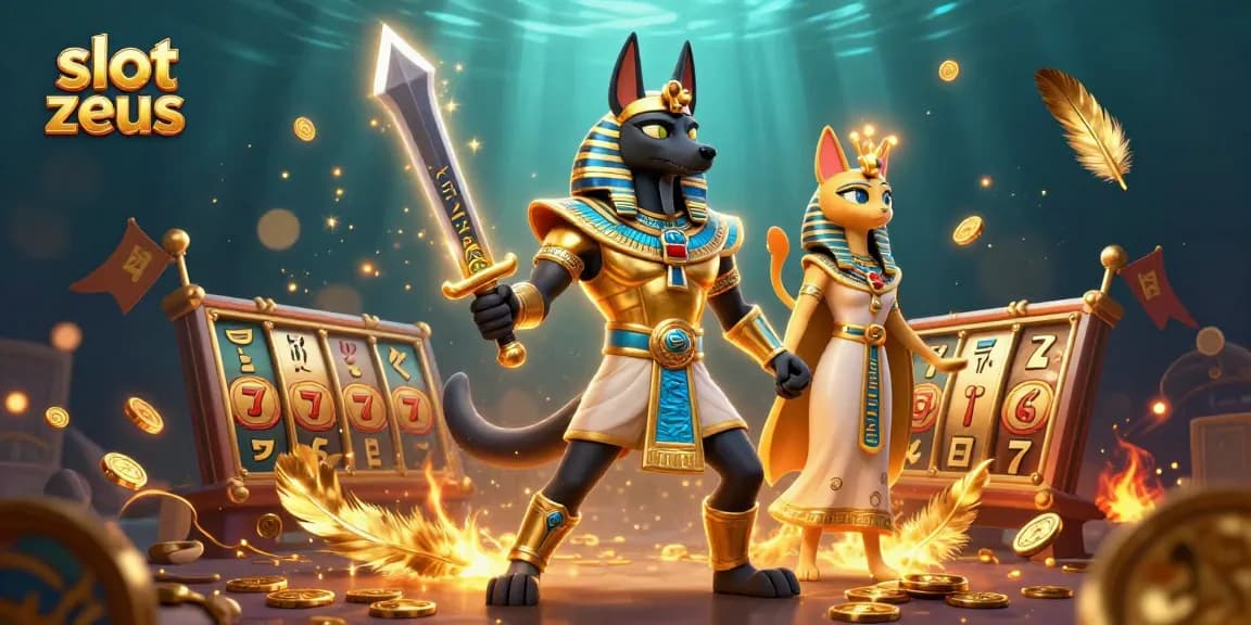 Spin and win with slot zeus, featuring Anubis and Bastet in a vibrant casino scene.