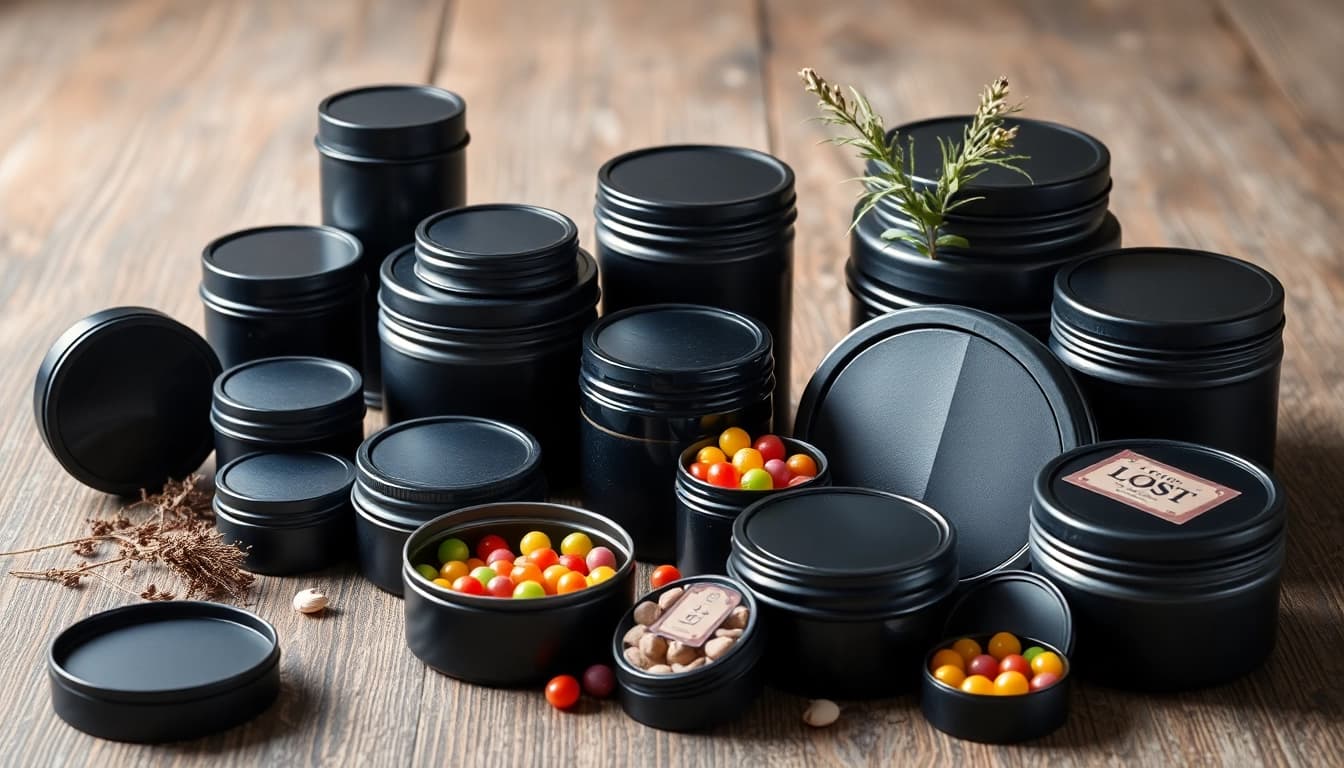 Stylish black tins arranged with herbs and candies, showcasing versatile storage options.