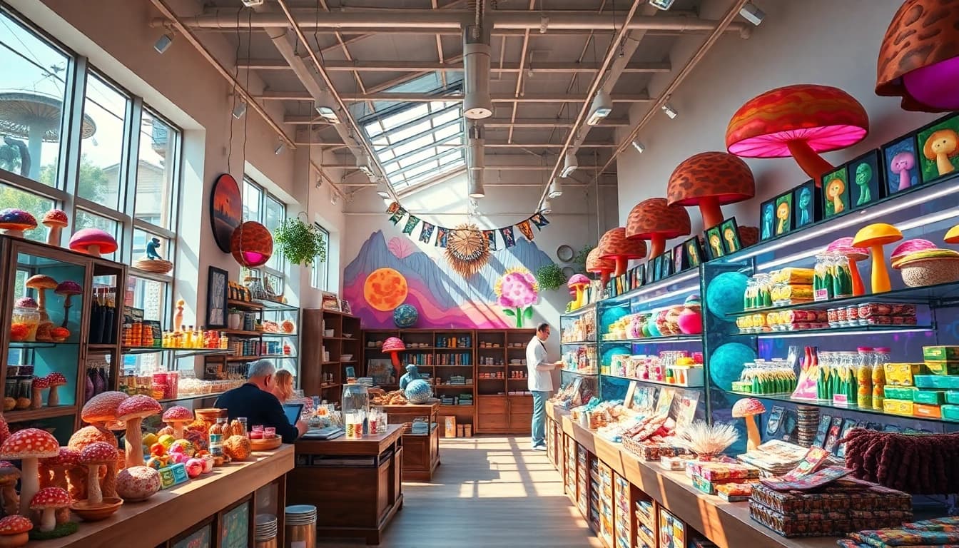 Psychedelicschemstore showcasing a colorful display of psychedelic products in a vibrant atmosphere.