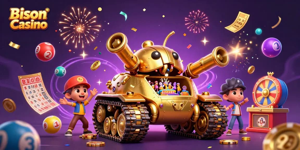 Bison Casino izgalmas játékélményét tükröző aranybölény tank mini kaszinóval és színes lottó labdákkal.