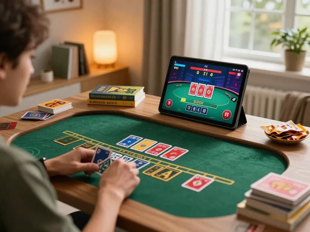 Playing blackjack online at home with ok365 on tablet, illuminated by warm ambient lighting.