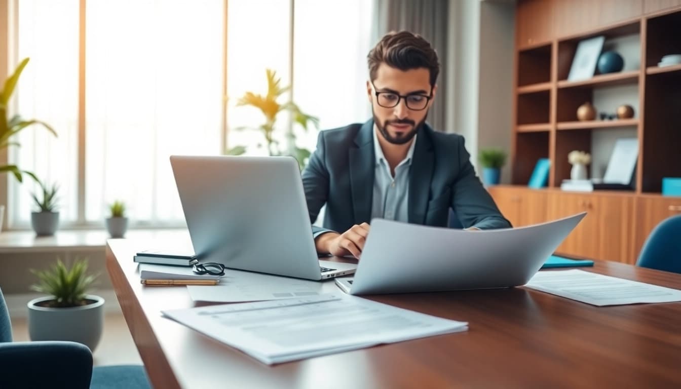 Communicator writing a press release document while focused in a modern office workspace.