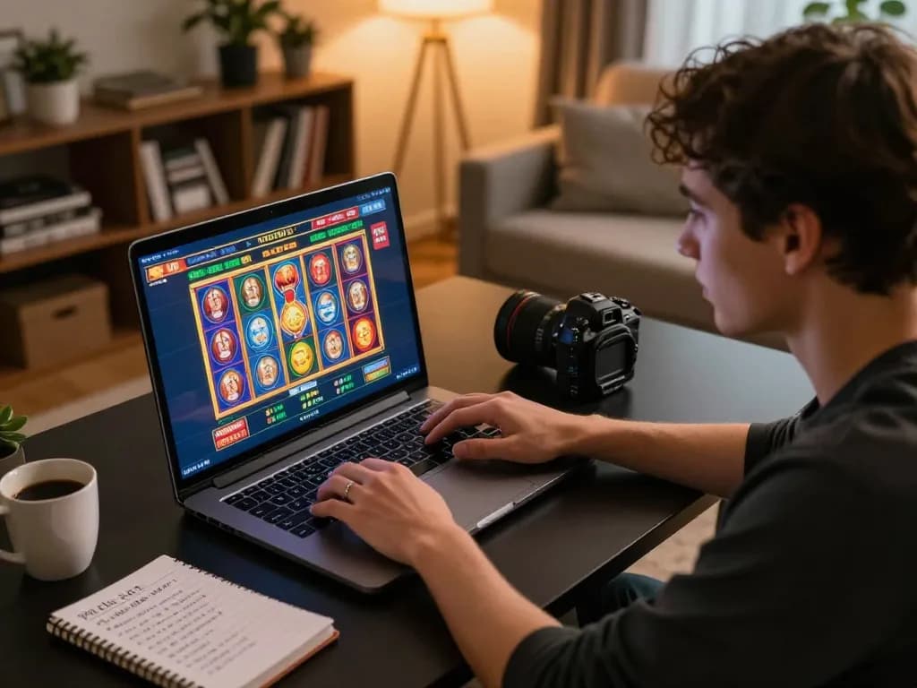 Engaging in online gaming with the five88 link, showcasing vibrant slots and strategic betting notes.