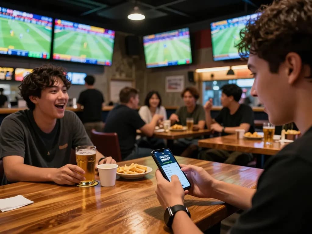 Excited bettor engaging with the NHÀ CÁI DABET app in a vibrant sports bar.