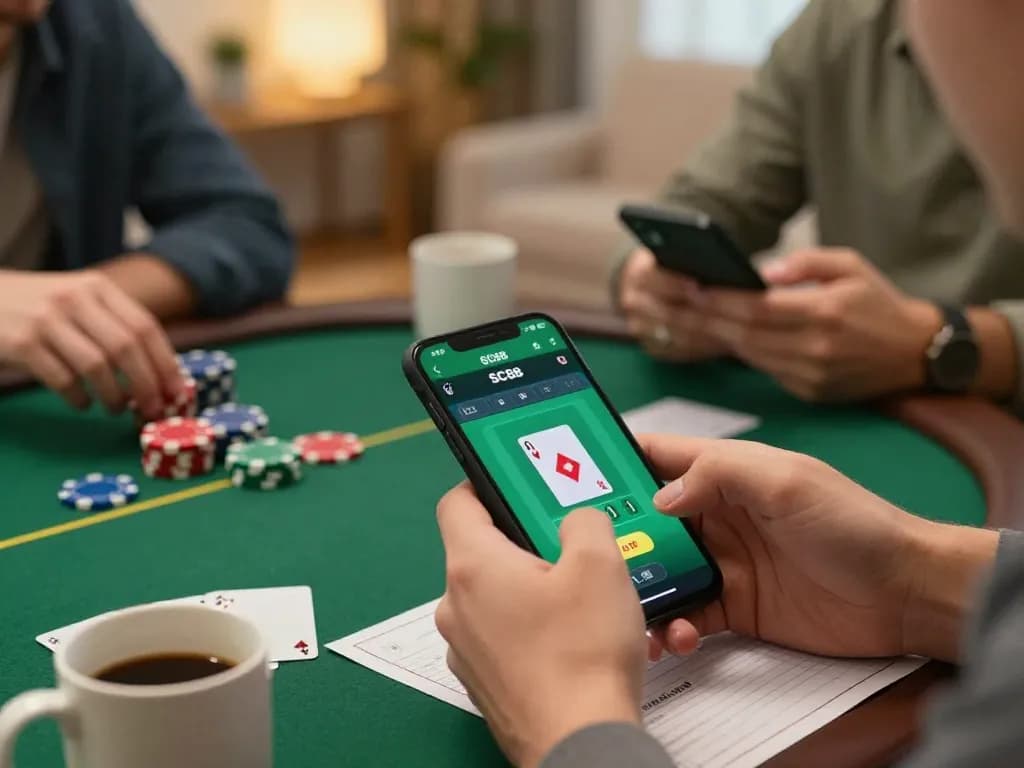 Players using SC88 app for online poker, highlighting strategic betting action in a cozy home.