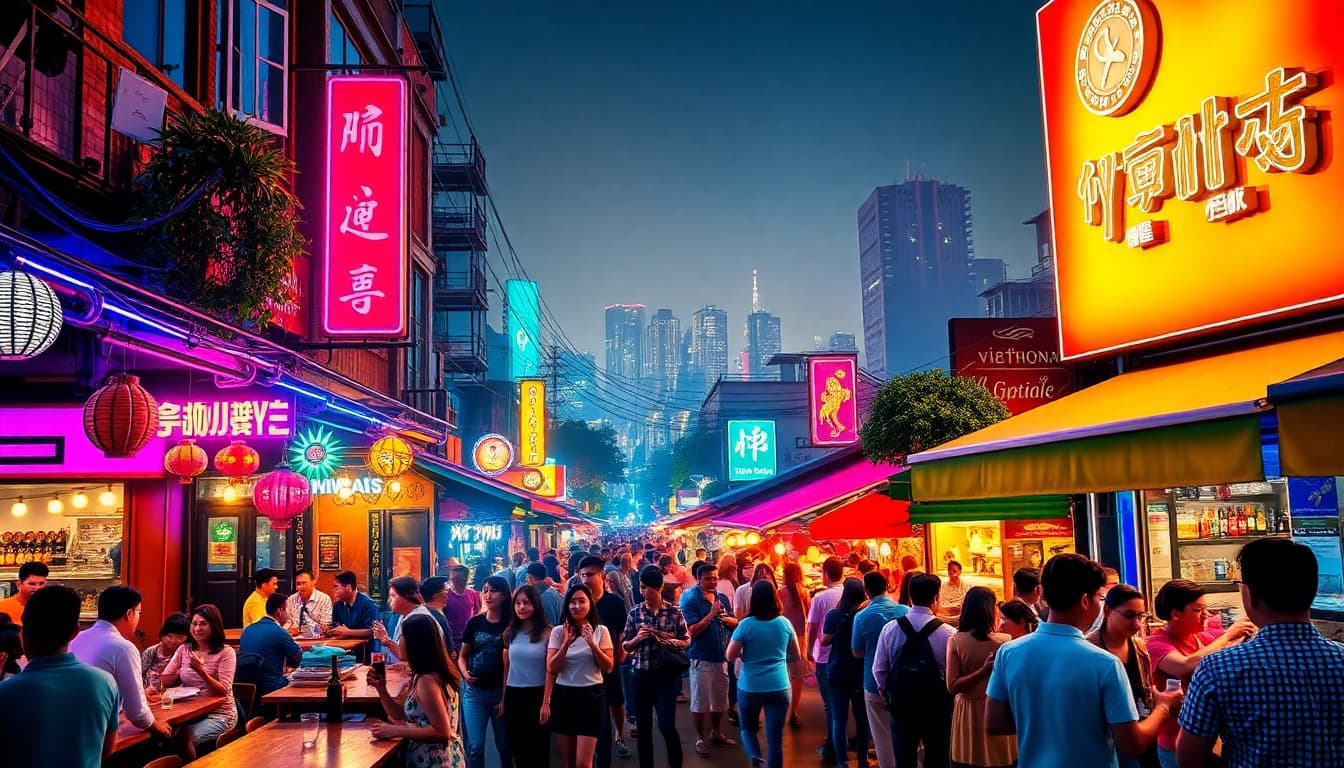 Experience 베트남밤문화 with vibrant nightlife scenes and bustling crowds in Vietnam.