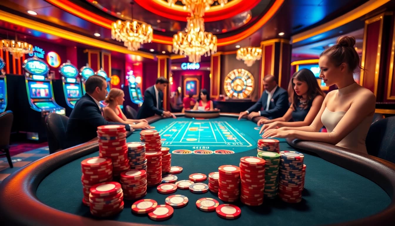 Engaging poker game scene at GK88 Casino, showcasing luxury and excitement with vibrant colors.