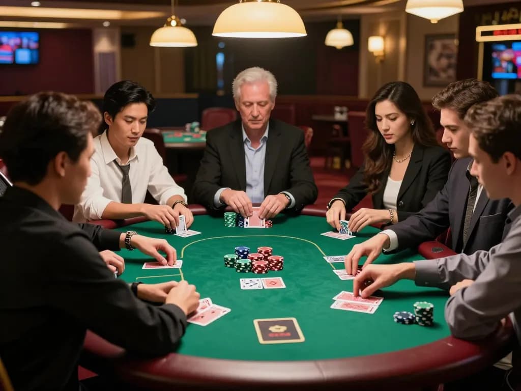 Players engaging in a poker game at nhà cái tic88 with lively atmosphere and strategic moments.