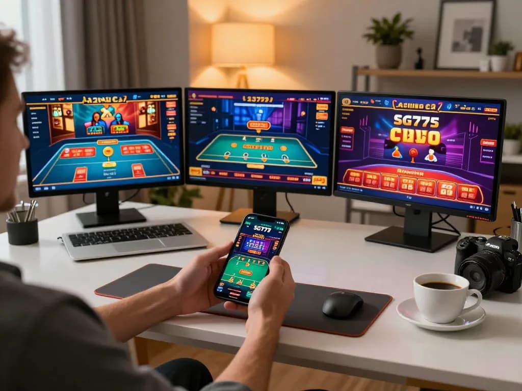 Player enjoying SG777 mobile app games in stylish home office, showcasing live dealer interaction