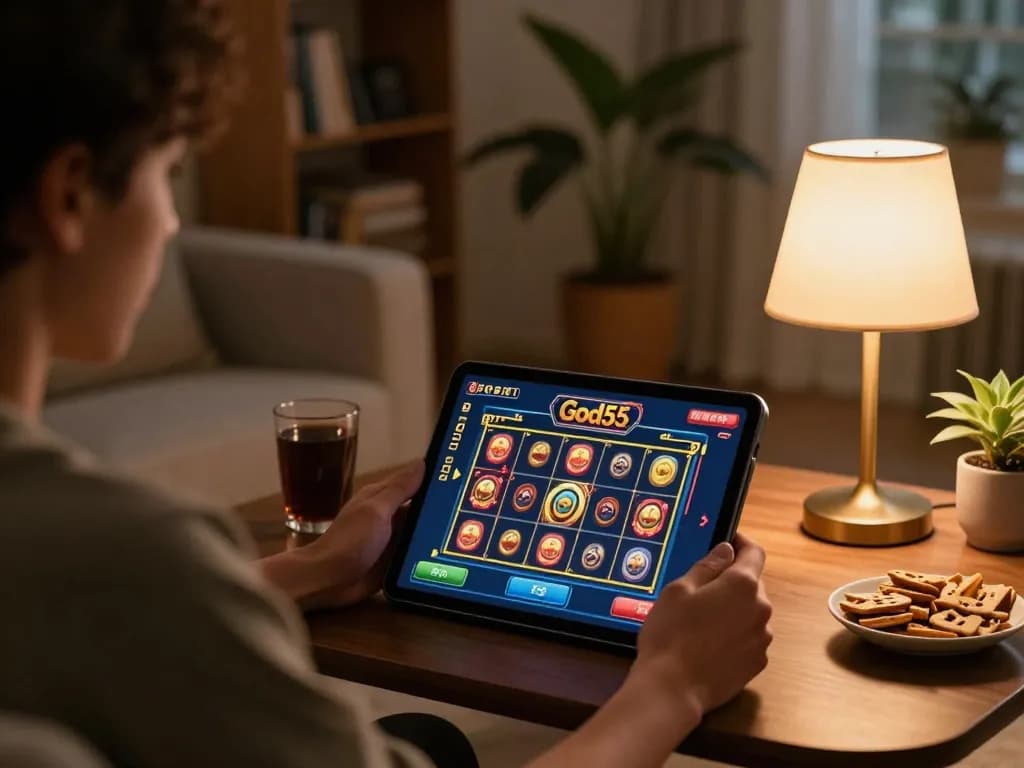 Person playing God55 slots on tablet in cozy home environment, emphasizing responsible gaming