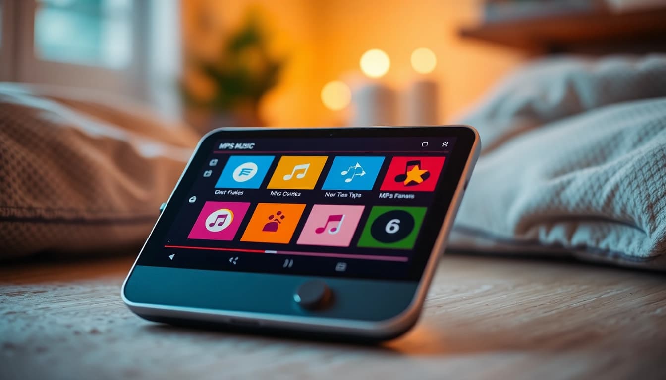 Explore MP3 download options with an interactive music interface on a digital device, showcasing vibrant colors.