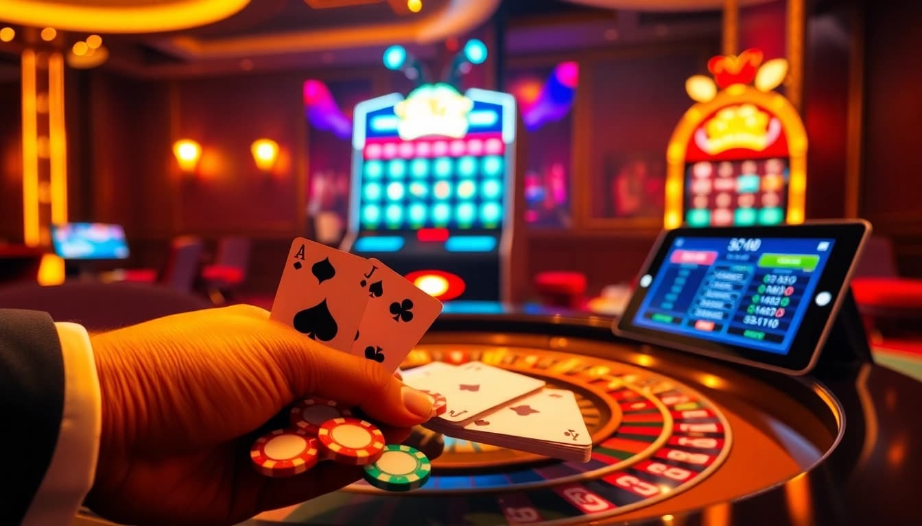 Experience high-stakes gaming at https://68vip.uk/ featuring poker chips and a vibrant roulette table.