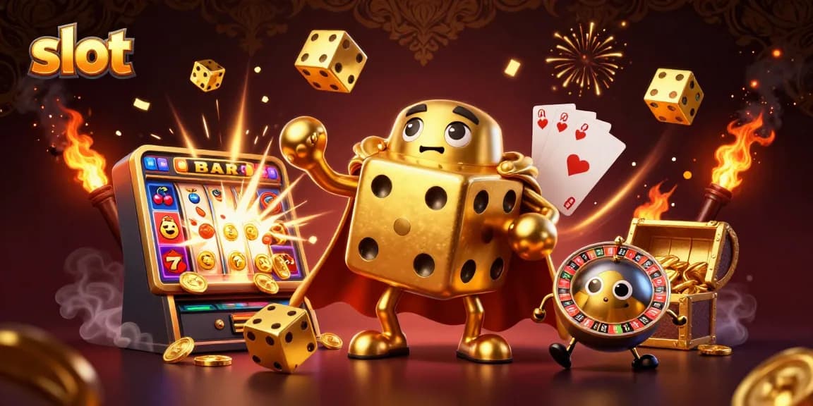 Slot yang menyenangkan dengan golem dadu emas dan mesin slot meledak dengan koin.