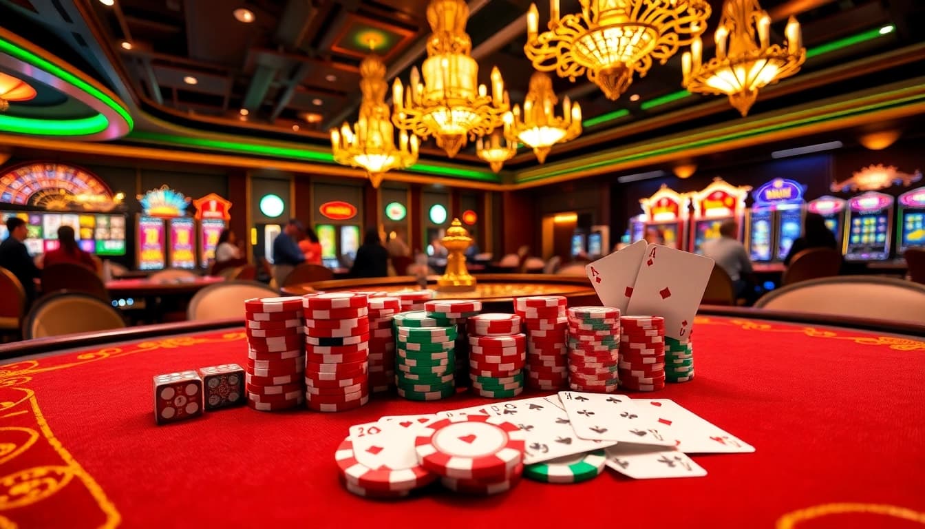 Experience thrilling gameplay at Vua99 with luxurious casino tables and vibrant slot machines.