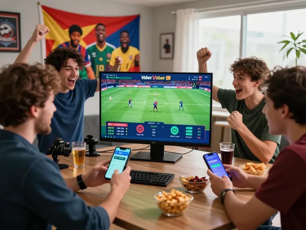 Friends enjoying a lively betting session on Vsbet during a sports event, with snacks and excitement in the air.
