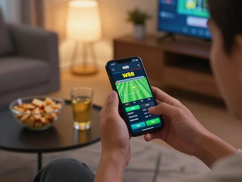 W88 mobile app sports betting in a cozy home setup with modern decor and casual atmosphere.