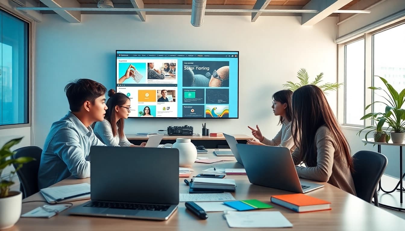 Innovative team collaborating on Thiết kế website, in a modern workspace.