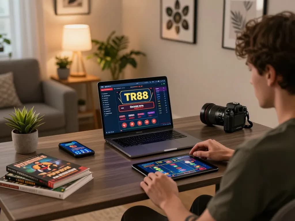 Engaging online user utilizing TR88 casino interface on laptop while analyzing betting strategies in a cozy home setup.