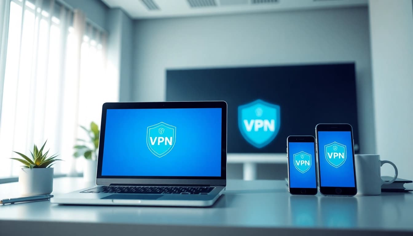快连vpn下载 interface displayed on modern devices in a professional workspace.