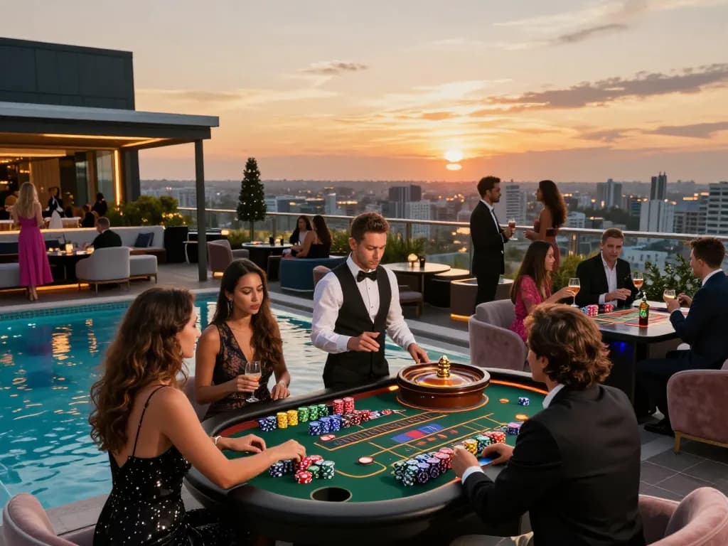 Playing roulette at 오피가이드 rooftop casino lounge with stunning city views