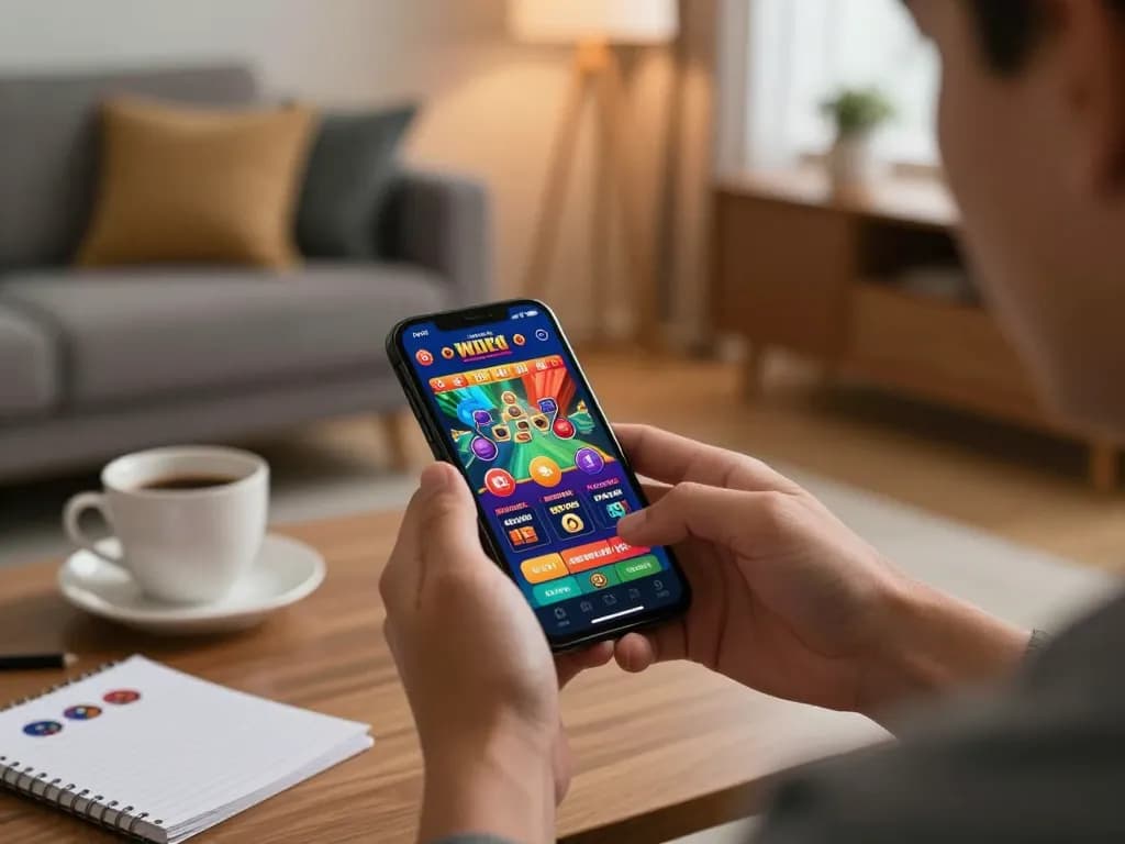 Engaging in mobile gambling at Trang Chủ F168, showcasing a vibrant casino app on smartphone in a cozy setting.