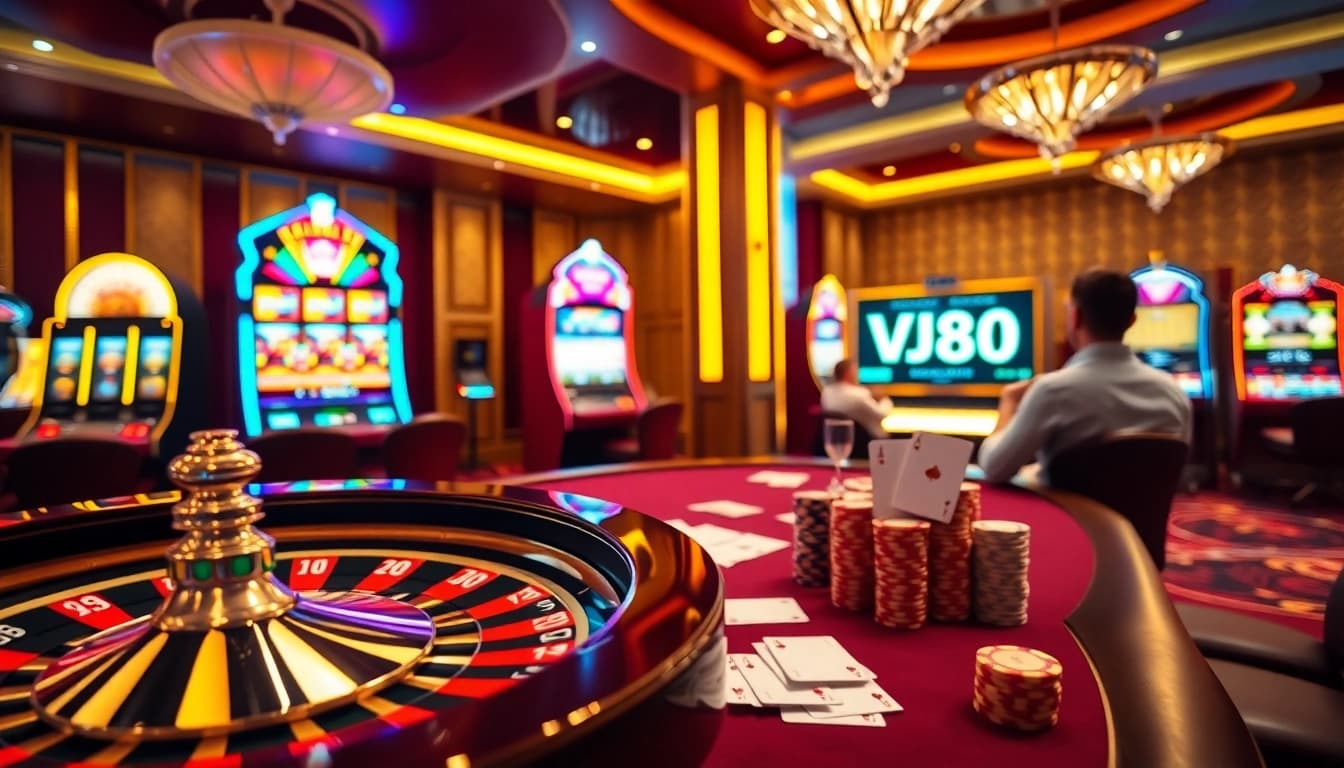 Experience the excitement of VJ88 as poker chips cascade onto a casino table full of action.