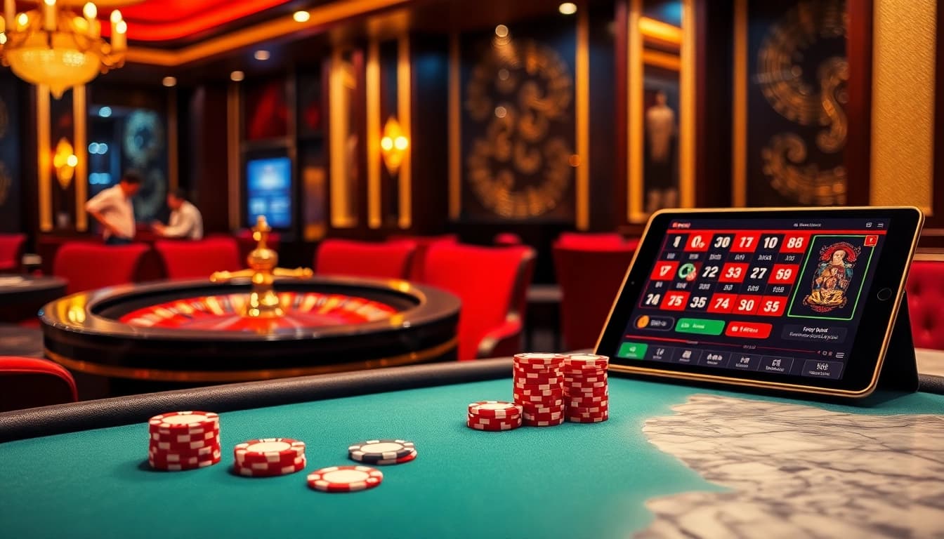 Experience the thrilling action of 9bet with vibrant poker tables, roulette wheels, and online gambling interfaces.