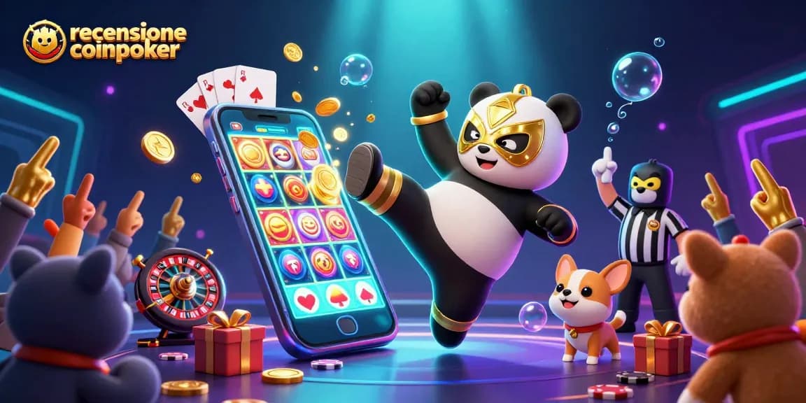 Giocare alla recensione coinpoker con panda e chihuahua in un'illustrazione 3D dinamica.