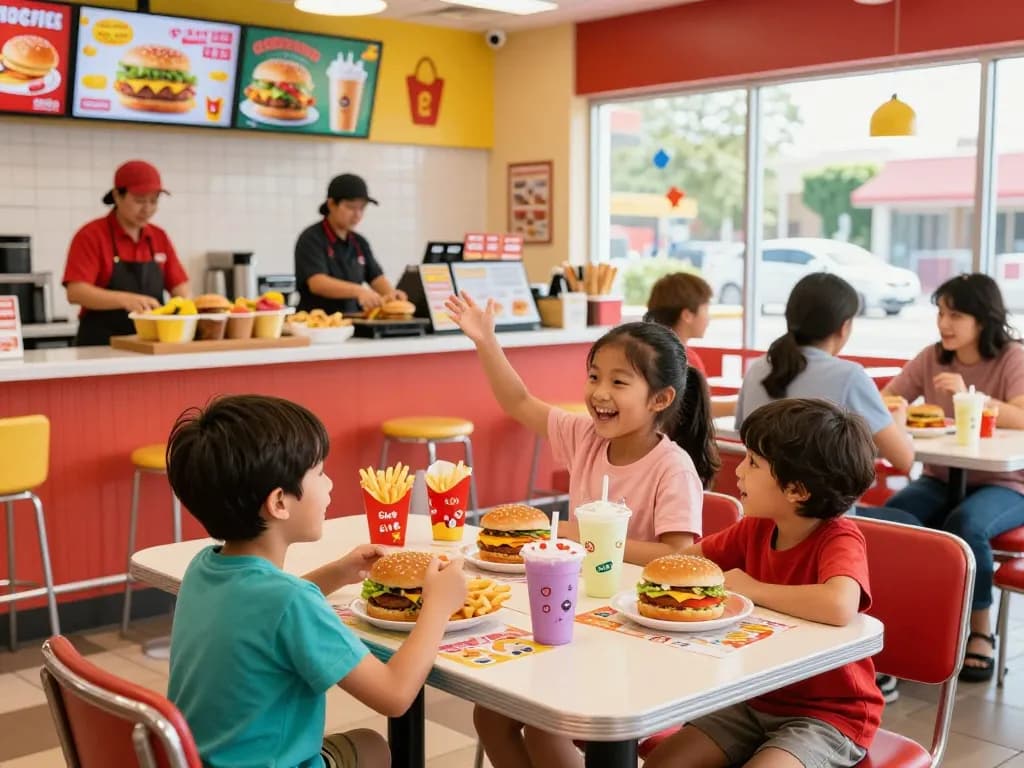 Family enjoying a fast food menu in a lively restaurant setting with colorful dishes.