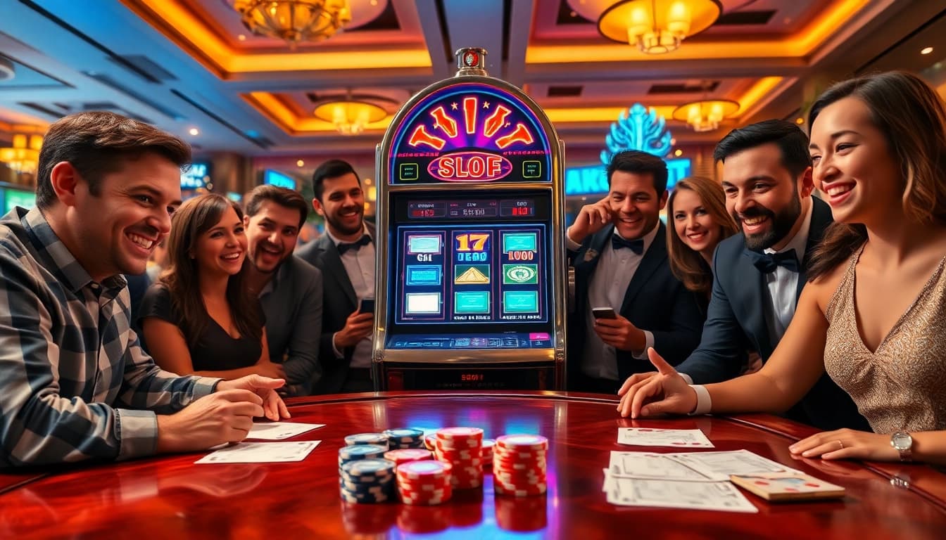 Engaging players enjoying the excitement of slot88 at a vibrant casino machine.