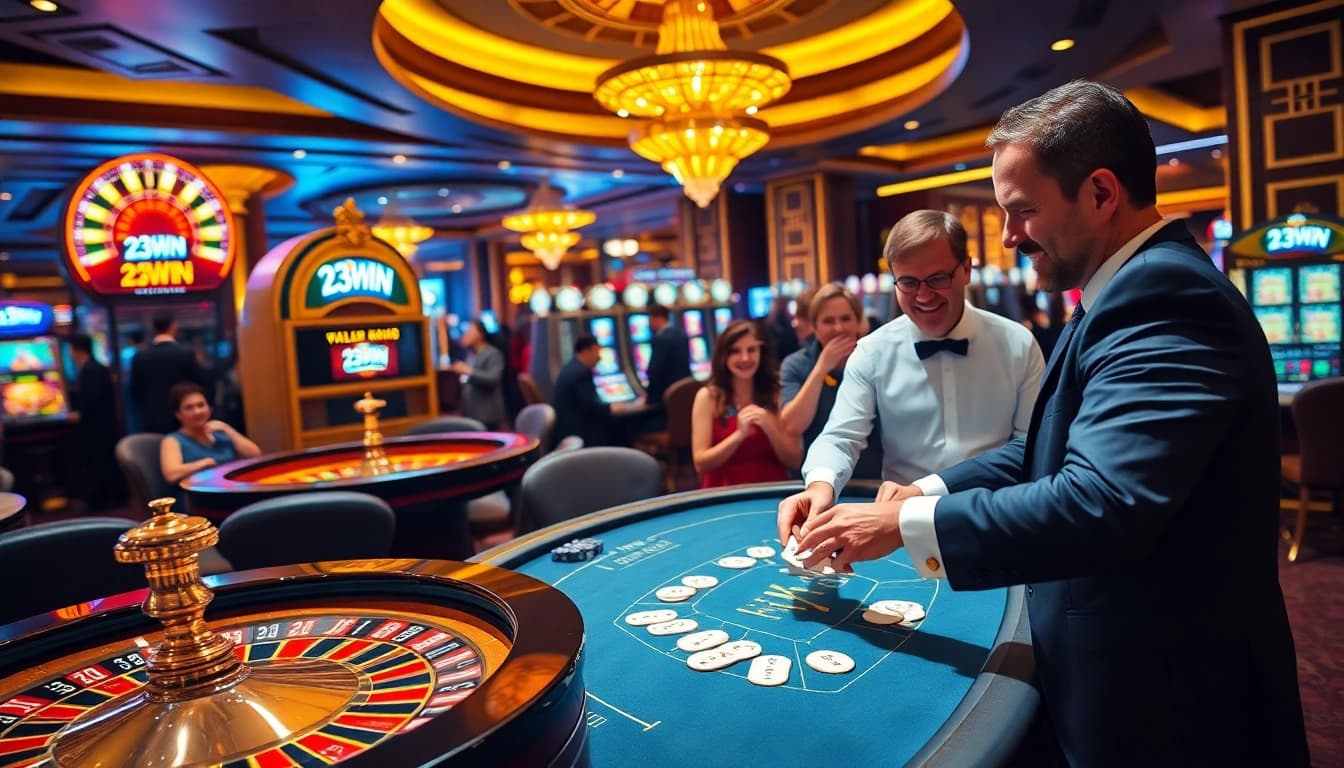 Experience thrilling gambling action at 23WIN's luxurious casino with vibrant roulette and poker.
