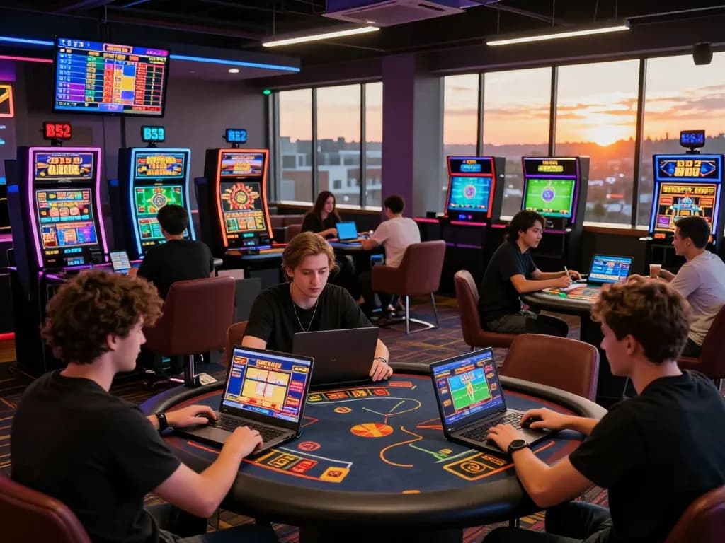 B52Club players enjoying diverse online gaming experiences, vibrant atmosphere of excitement and competition.