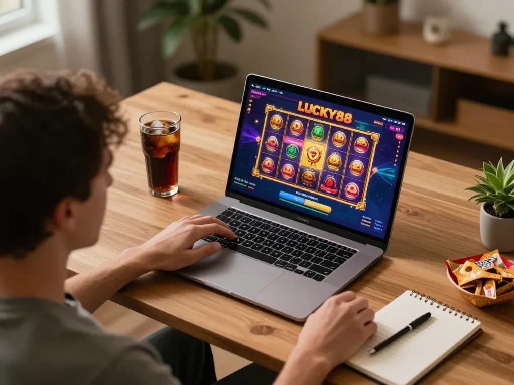 Player enjoying LUCKY88 online slot game on a modern gaming setup with vibrant visuals.
