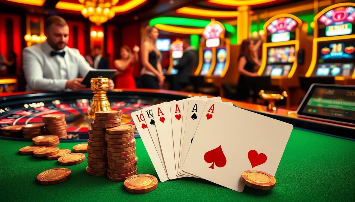 Experience luxury gaming at RR99 with a vibrant casino scene showcasing roulette, poker, and slots.