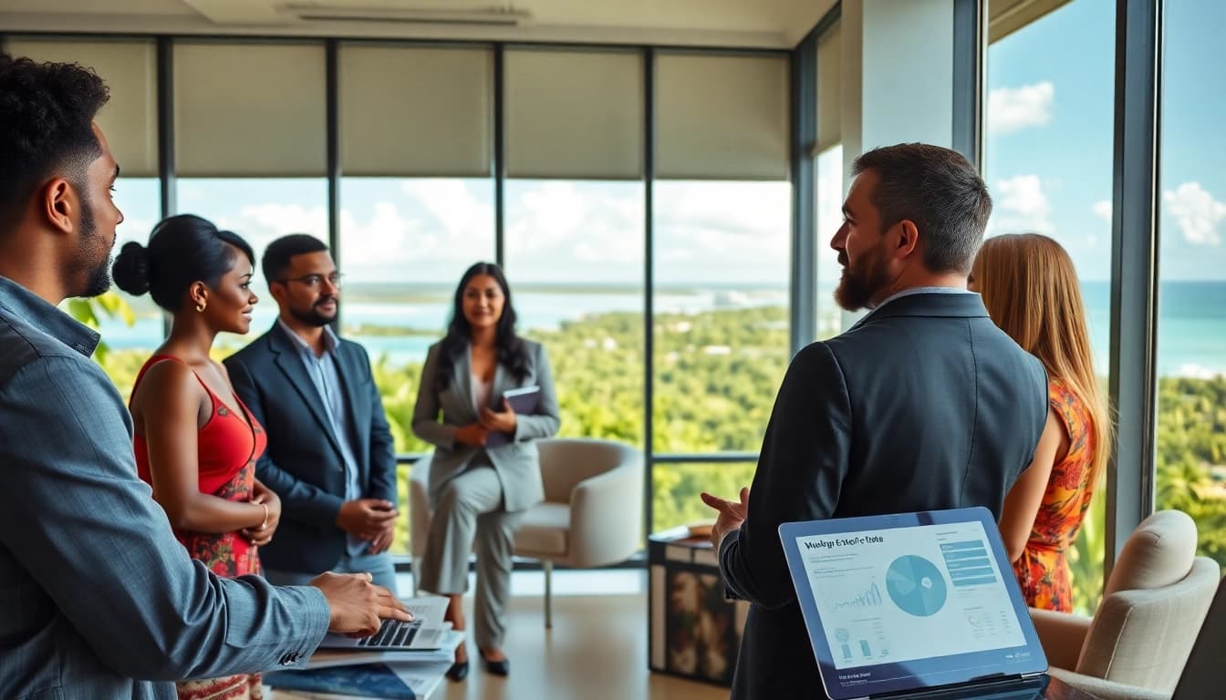 Dustin Rennie, top Belize real estate professional, engaging clients in a modern office.