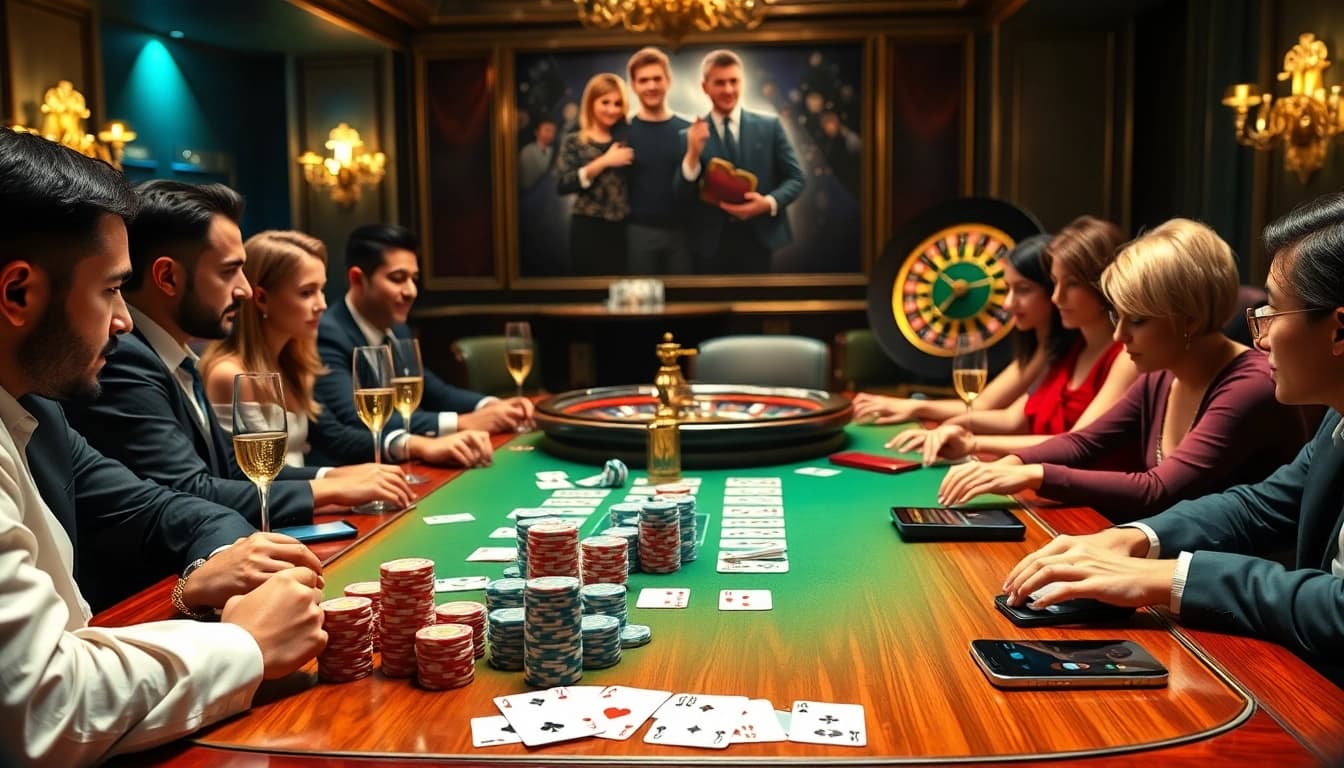 Engaging poker game scene emphasizing rikvip with vibrant chips and cards showcasing strategic gambling.