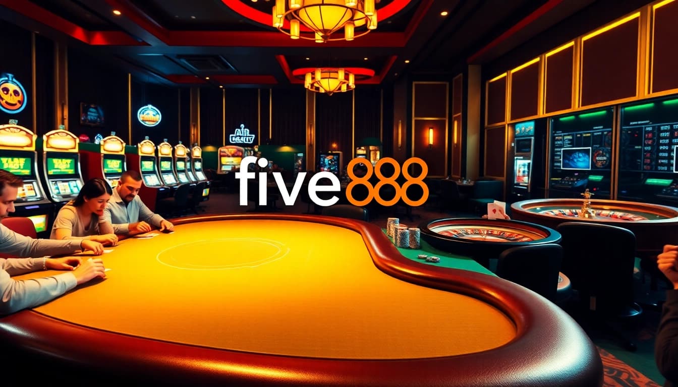 Experience the thrill of gambling at five88 with players engaged at a luxurious poker table.