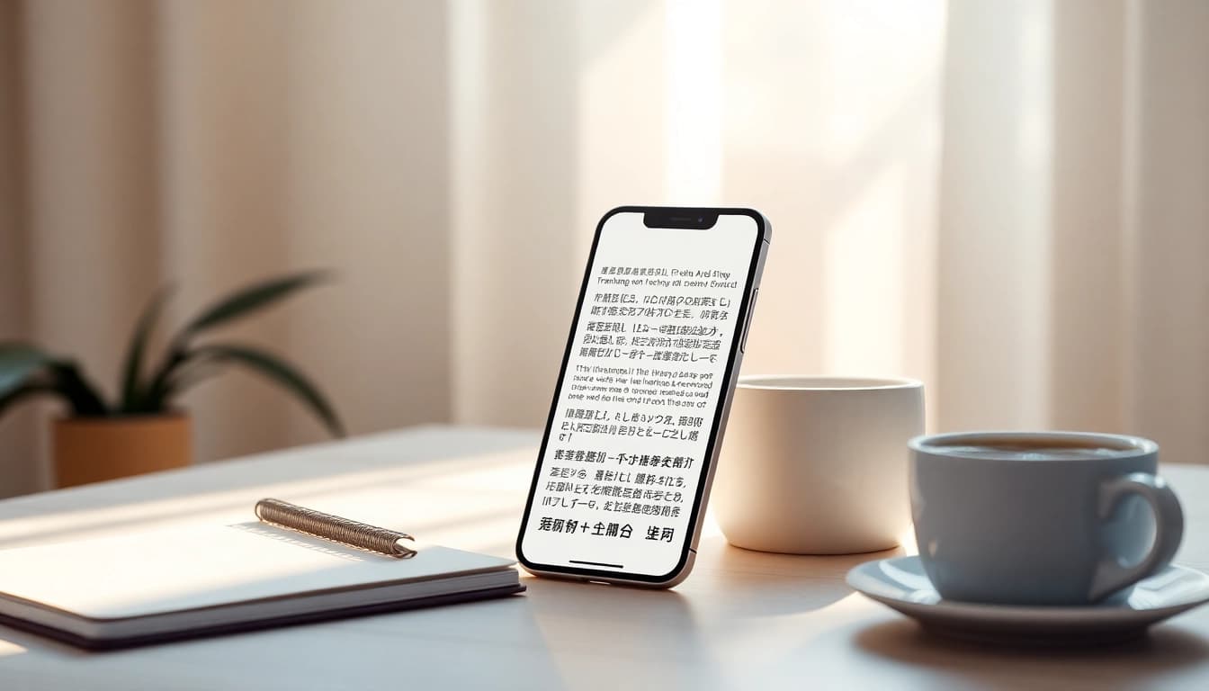 Explore the user-friendly interface of the 有道翻译 translation app on a smartphone in a bright workspace.