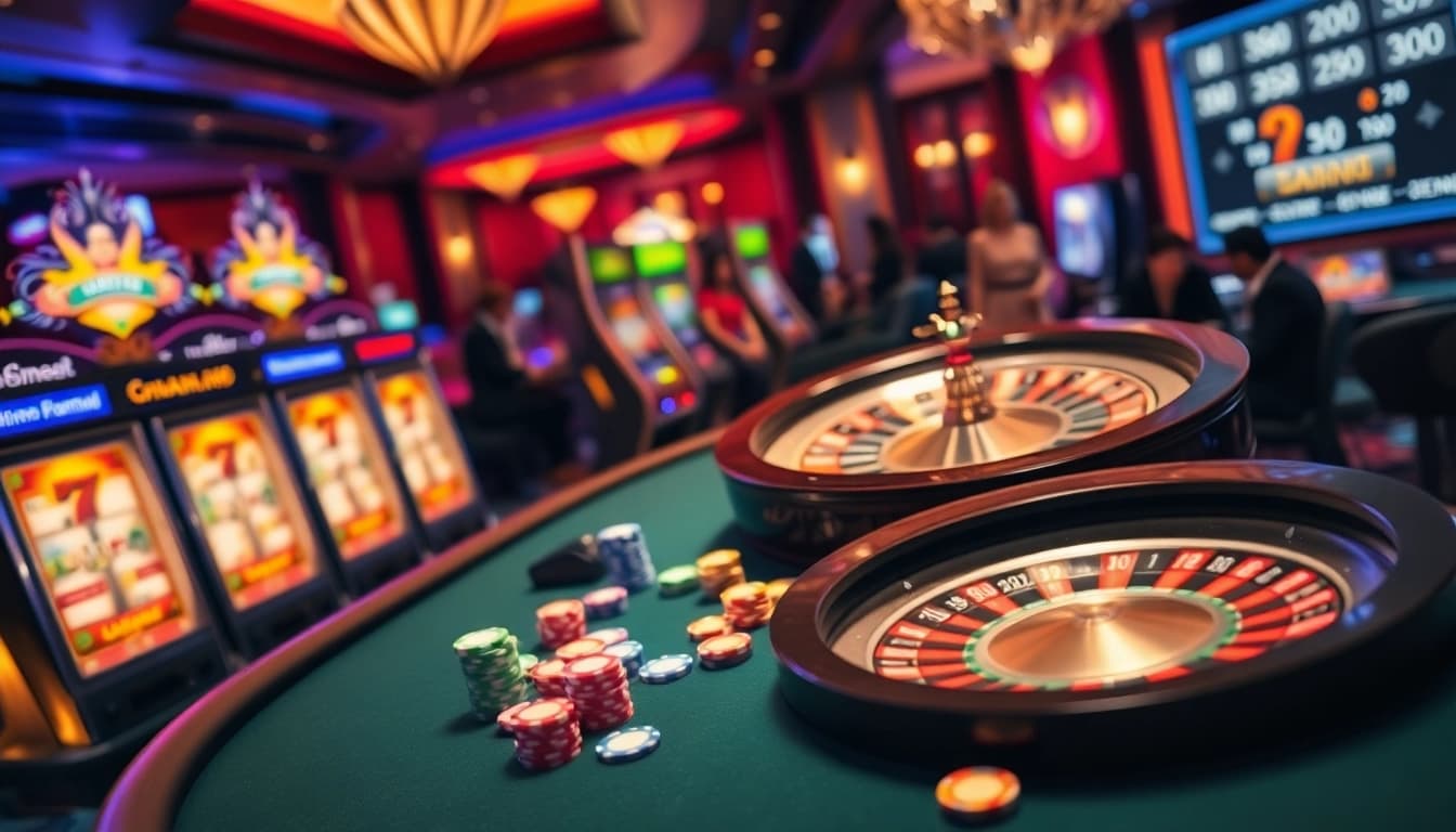 Rasakan sensasi Utama4D dengan mesin slot yang berwarna-warni dan pemain yang terlibat dalam suasana kasino mewah.