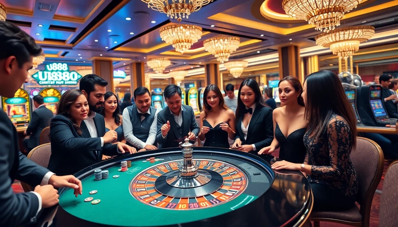 Experience excitement at U888's premier casino tables with engaging players and glamorous decor.