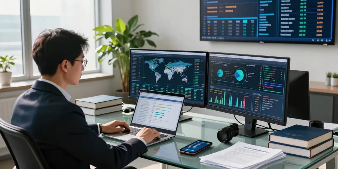 Financial crime intelligence analyst assessing data trends in a high-tech office environment.
