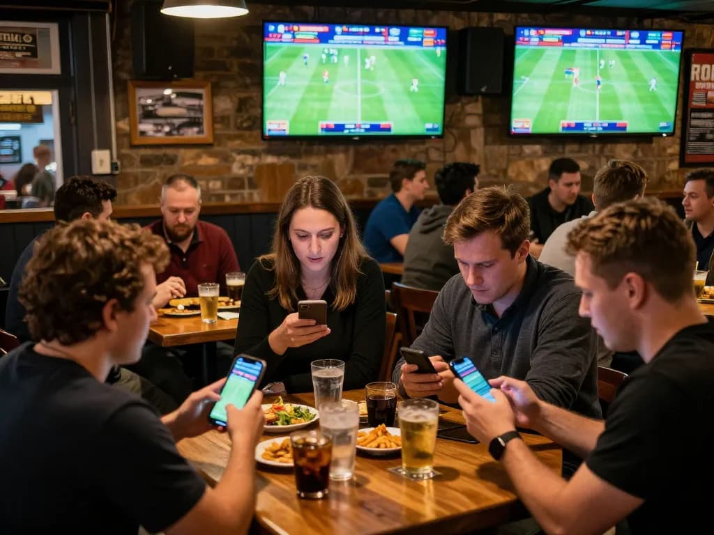 Engaged patrons strategizing sports bets at a lively venue featuring https://cakhiatv.design/ for live football matches.