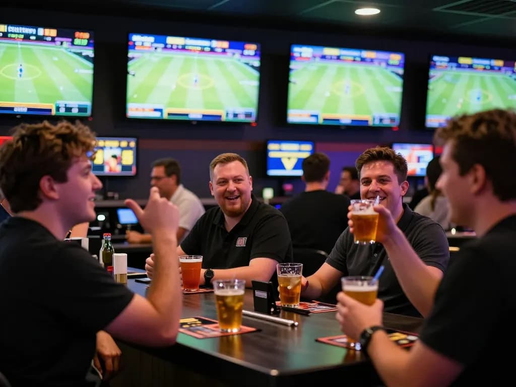 Fabet bettors placing wagers in an energetic sports lounge with exciting live games
