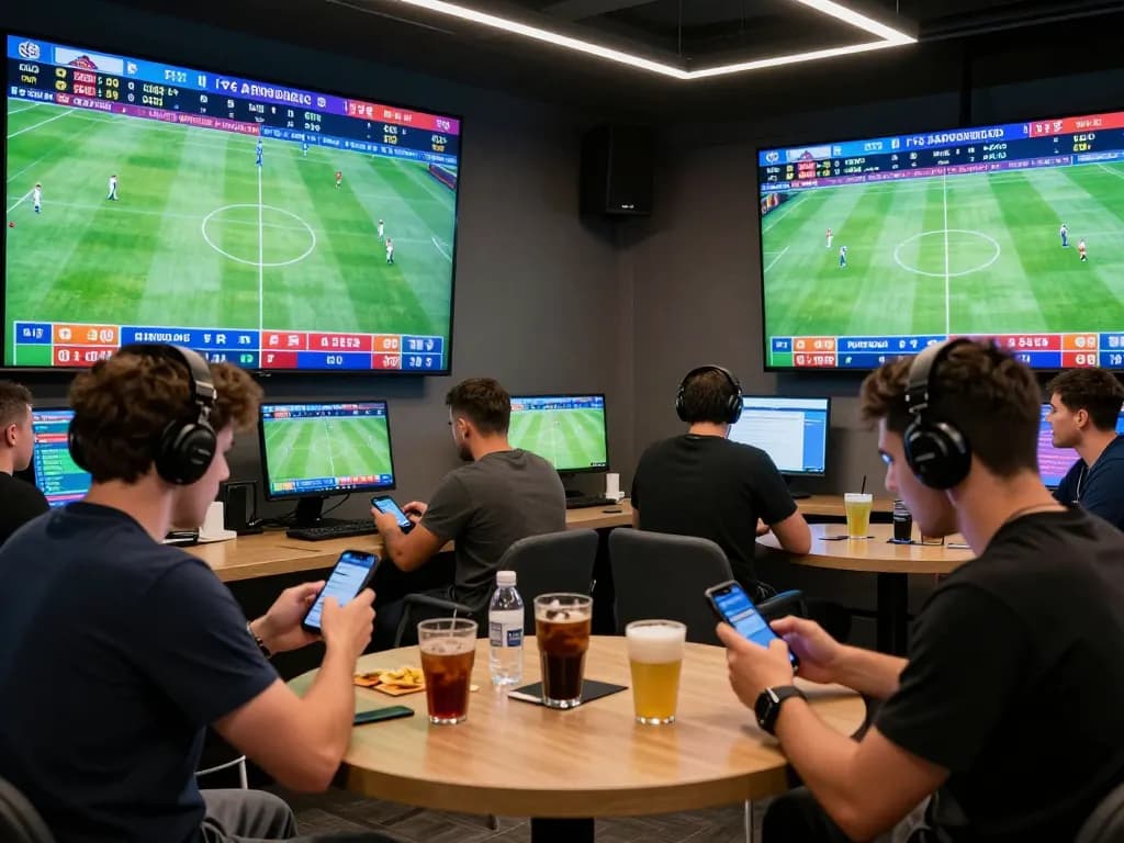 Sports betting enthusiasts using nowgoal for real-time football scores in a vibrant lounge.