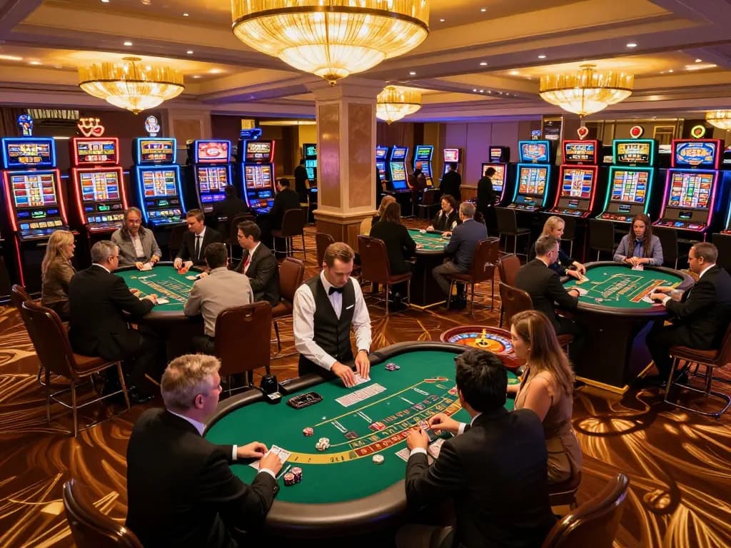 Players enjoy intense blackjack games at FC88, showcasing vibrant casino atmosphere and strategic gameplay.