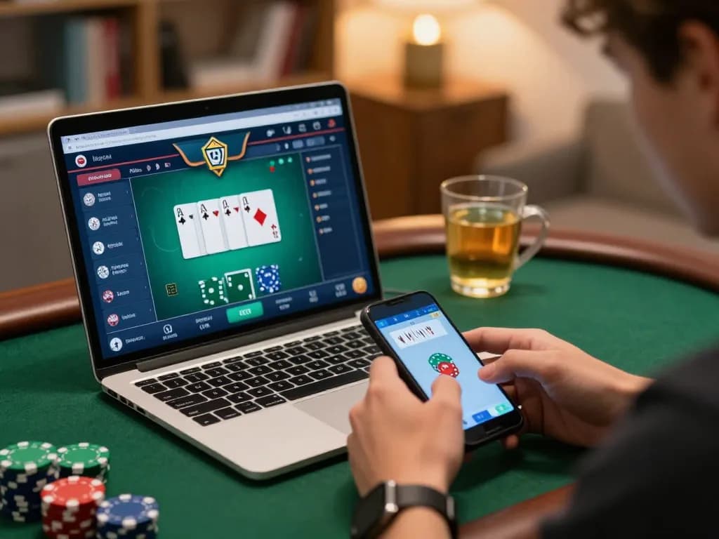 Engaged player strategizing in qqalfa online poker game at home, displaying cards and chips.